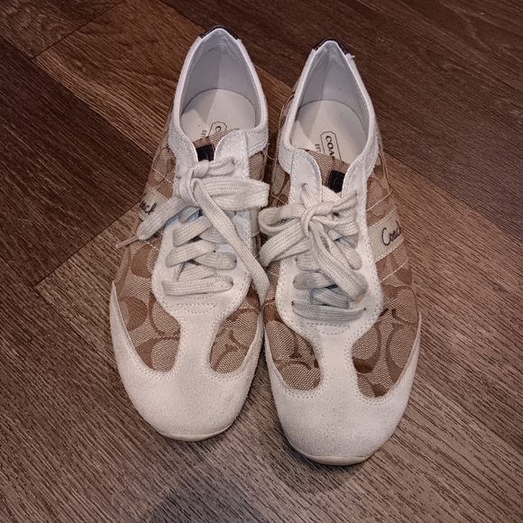 Coach Shoes - Coach Beige Signature Canvas Sneakers with White Suede Trim Sz 8m